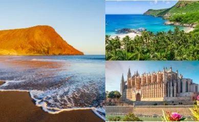 Mein Schiff® Angebote der Woche: Kanaren, Mittelmeer oder eine 80er-Classic-Rock Kreuzfahrt ab Mallorca! 3-teiliges Bild: Altstadt Zadar in Kroatien am Mittelmeer, rechts oben grün bewachsener Küstenabschnitt auf den Kanaren, rechts unten Kathedrale von Palma de Mallorca.