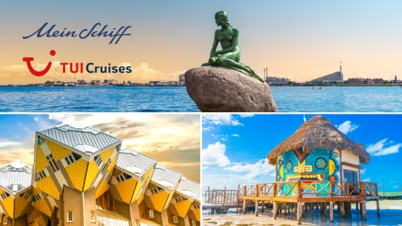 <i>Mein Schiff</i>® Angebote der Woche: die Vielfalt Westeuropas, Hygge-Momente in Kopenhagen und ab in die Karibik 3-teiliges Bild: Oben die kleine Meerjungfrau vor Kopenhagen, unten links ein markantes Gebäude Rotterdams und unten rechts eien bunte Cabana auf einer karibischen Insel.