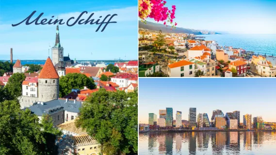 <i>Mein Schiff</i>® Angebote der Woche: Sonnige Auszeiten auf den Kanaren, auf nach Oslo und in den hohen Norden 3-teiliges Bild: Links die Skyline der Altstadt von Talinn. Rechts oben ein Dorf auf den Kanaren, rechts unten die Kulisse von Oslo.