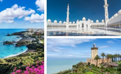 <i>Mein Schiff®</i> Angebote der Woche: Madeira, Orient & Mittelmeer 3-teiliges Bild: links fasziniert Barcelona, rechts oben glitzert das nächtliche Dubai, rechts unten verzaubert die Ufer Madeiras.