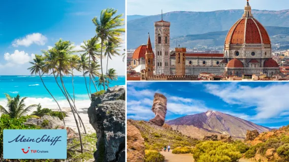 3-teiliges Bild: Palmen an der Bottom Bay auf Barbados mit Mein Schiff Logo in der linken unteren Ecke, rechts oben Il Duomo in der Altstadt von Florenz, rechts unten Roque Cinchado und Pico del Teide auf Teneriffa.