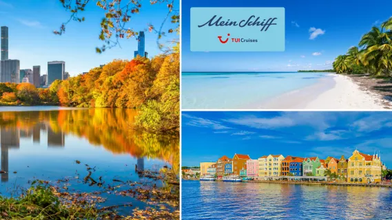 <i>Mein Schiff</i>® Angebote der Woche: Herbst und Winter in der Karibik. 3-teiliges Bild: Links herbstlicher Central Park in New York, rechts oben Strand auf der Isla Catalina mit dem TUI Cruises Logo in der linken oberen Ecke, rechts unten bunte Häuser von Willemstad, Curacao.