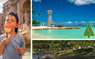 3-teiliges Bild: Links: Eis essender kleiner Junge vor dem Trevi-Brunnen in Rom. Rechts oben: Strand mit Leuchtturm bei La Romana in der Dominikanischen Republik mit Grafik eines Weihnachtsbaums in der rechten Ecke. Rechts unten: Landschaft am Oslofjord.
