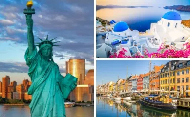 3-teiliges Bild: Links: Freiheitsstatue im Hafen von New York, im Hintergrund die Skyline der Stadt. Rechts oben: Blick über die blauen Kuppeln von Oia über die Caldera von Santorini, rechts unten: Segelschiffe vor den bunten Häusern am Nyhavn, Kopenhagen