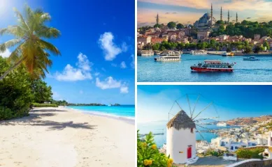 3-teiliges Bild: Links: Palmenbestandener Strand auf Antigua, Karibik. Rechts oben: Sightseeing-Boote vor der Skyline von Istanbul mit der Großen Moschee, rechts unten: Windmühle auf einem Hügel über Mykonos-Stadt.