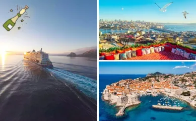 3-teiliges Bild: Heckansicht von Mein Schiff Flow auf dem Meer mit einer Grafik einer Champagnerflasche in der linken oberen Ecke. Rechts oben Blick auf Istanbul und den Bosporus, rechts unten Blick über die Altstadt von Dubrovnik.