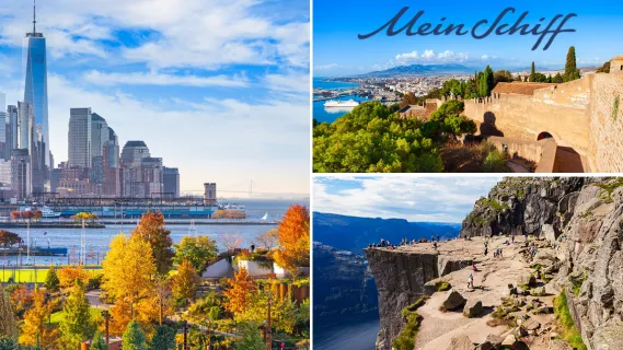 3-teiliges Bild: Links ein Mädchen mit Piratenhut im Kinderbereich von Mein Schiff, rechts oben Indian Summer vor der Skyline von New York, rechts unten Amphitheater von Tarragona.