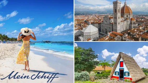 <i>Mein Schiff</i>® Angebote der Woche: Sonnige Auszeiten im Mittelmeer, auf den Kanaren und in Florida mit Bahamas 3-teiliges Bild: Links brünette Frau in gelb-weißem Sommerkleid & mit Sonnenhut an einem Strand auf den Bahamas. Rechts oben Il Duomo in Florenz, rechts unten Santana-Häuschen auf Madeira. Links unten der Mein Schiff Schriftzug.