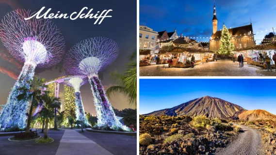 3-teiliges Bild: Links beleuchtete Supertrees in den Gardens by the Bay im nächtlichen Singapur, rechts oben Vulkan Teide auf Teneriffa, rechts unten Weihnachtsmarkt in Tallinn. Rechts ganz oben Mein Schiff Schriftzug in blau.