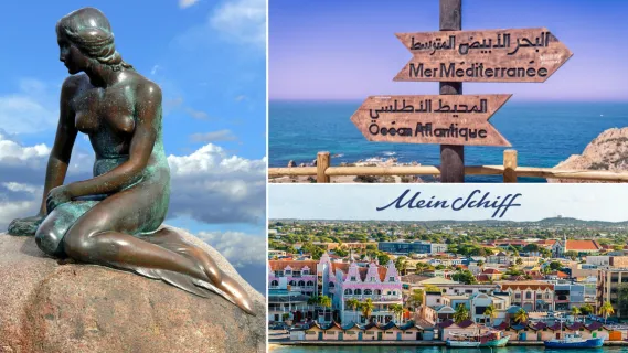 3-teiliges Bild: Links Kleine Meerjungfrau in Kopenhagen, Rechts oben Schild am Kap Spartel bei Tanger mit Aufschrift Mer Mediterranee auf Pfeil nach rechts und Ocean Atlantique auf Pfeil nach links. Rechts unten farbenfrohe Kolonialbauten in Oranjestad.