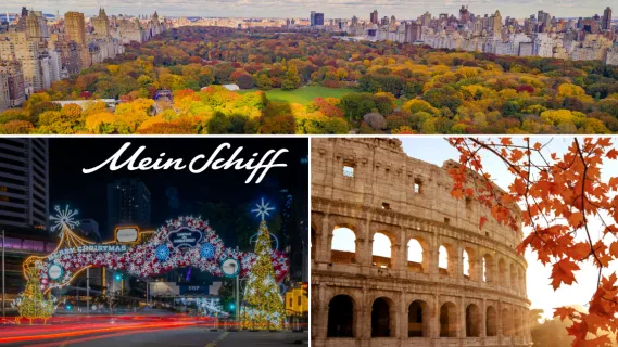 3-teiliges Bild: oben Blick über den herbstlichen Central Park in New York, links weihnachtliche Dekoration in der Orchard Street, Singapur, rechts Kolosseum in Rom im Herbst.