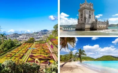 Mein Schiff® Angebote der Woche: Kanaren, Mittelmeer oder Karibik 3-teiliges Bild: Links Blumenbeet im Botanischen Garten von Monte auf Madeira, rechts oben Torre Belem in Lissabon, rechts unten palmenbestandener Strand auf Antigua, Karibik.