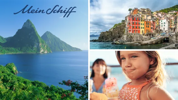 <i>Mein Schiff</i>® Angebote der Woche: Mittelmeer und Karibik im Sommer und Herbst 3-teiliges Bild: Links die Vulkane Gros und Petit Piton auf St. Lucia mit dem Mein Schiff Schriftzug darüber. Rechts oben Riomaggiore in den Cinque Terre, rechts unten Eis essendes Mädchen auf Mein Schiff.