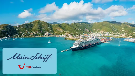 Luftbild der Mein Schiff 1 im Hafen von Tortola. Links unten das Mein Schiff Logo.