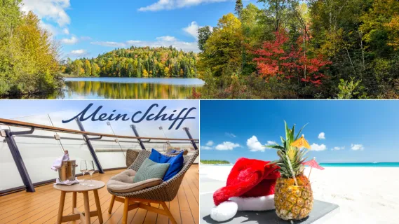 3-teiliges Bild: Oben: Herbstlandschaft im Saguenay-Fjord im Osten Kanadas, links unten: Korbstuhl im Champagner-Treff von Mein Schiff 2 mit dem Mein Schiff Schriftzug in der oberen rechten Ecke. Rechts unten: Ananas & Weihnachtsmütze am Strand, Karibik.