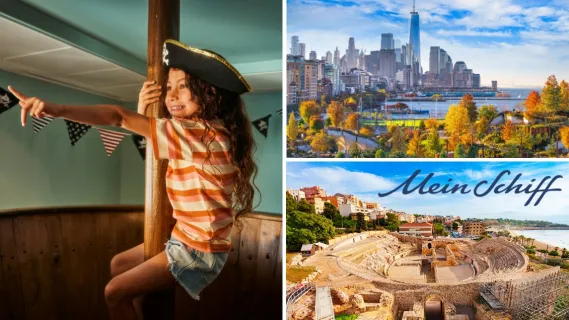 3-teiliges Bild: Links ein Mädchen mit Piratenhut im Kinderbereich von Mein Schiff, rechts oben Indian Summer vor der Skyline von New York, rechts unten Amphitheater von Tarragona.
