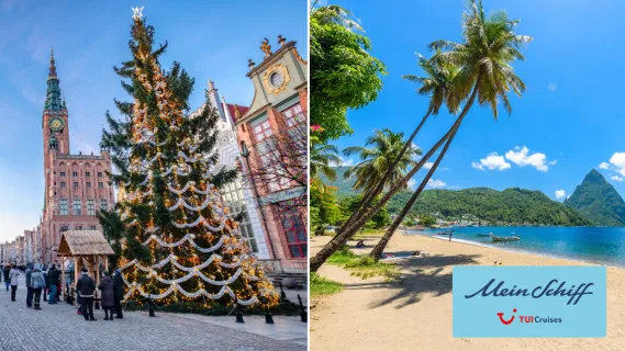 2-teiliges Bild: Links Weihnachtsbaum in der Altstadt von Danzig, rechts palmenbestandener Strand auf St. Lucia, im Hintergrund der Gros Piton. Rechts unten das Logo von Mein Schiff TUI Cruises.