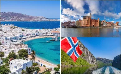 dreiteiliges Bild: Links Blick über Mykonos, unten rechts norwegische Flagge vor Geirangerfjord unter blauem Himmel, oben rechts die Küste von Danzig.