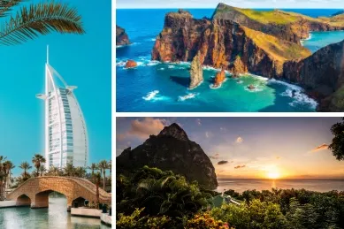 3-teiliges Bild: links Blick auf die Skyline von Dubai mit dem Jumeirah Burj Al Arab, rechts oben Klippen im Meer rund um Madeira, rechts unten ein Sonnenuntergang auf der Karibikinsel Castries.
