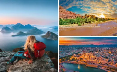 Mein Schiff® Angebote der Woche: Norwegen, Spanien & Marokko und die Tattoo Cruise Links: Eine Backpackerin auf einem Felsen in Norwegen an einem See, rechts oben: eine malerische Landschaft in Marokko und rechts unten: Palma de Mallorca in der Abendsonne.