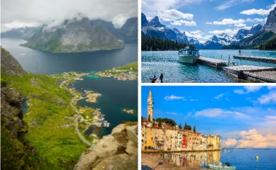 Mein Schiff® Angebote der Woche: Kanada, Nordeuropa und Adria Links: Eine zerklüftet-grüne Landschaft in Norwegen an einem Fjord, rechts oben: ein kleines Kai in Kanada und rechts unten: ein charmantes Hafendorf an der Adria.