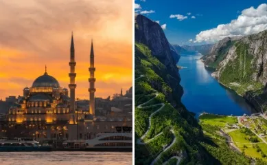zweiteiliges Bild: Links Moschee in Istanbul am Wasser bei Sonnenuntergang, rechts Luftaufnahme vom Geirangerfjord in Norwegen unter blauem Himmel.
