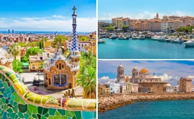Mein Schiff® Angebote der Woche: Mittelmeer, David Garrett Cruise und Westeuropa dreiteiliges Bild: Links bunte Altstadt von Barcelona, unten rechts historische Gebäude von Cadiz, oben rechts Yachthafen von Ajaccio.