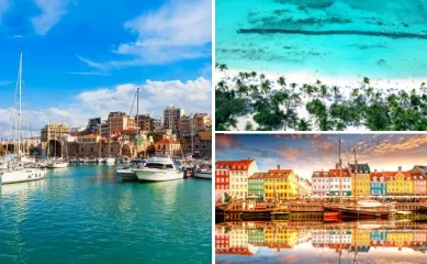 Links: Yachthafen von Heraklion unter blauem Himmel, rechts oben: karibischer Strand mit Palmen und türkisblaues Meer und rechts unten: bunte Häuserreihe am Wasser in Kopenhagen.