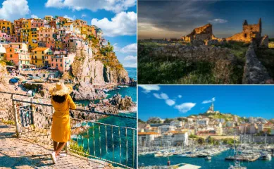 Links: Eine Reisende in gelbem Kleid vor der Kulisse von La Spezia, rechts oben: eine malerische Landschaft und Ruine auf Bornholm und rechts unten: das Hafenbecken von Marseille.