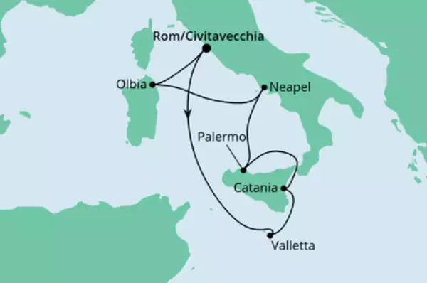 Italien & Malta mit AIDAblu Route: Civitavecchia - Seetag - Valletta - Catania - Palermo - Neapel - Olbia - Civitavecchia