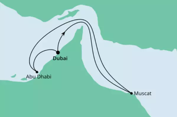Orient ab Dubai mit AIDAbella Route: Dubai - Dubai - Muscat - Muscat - Abu Dhabi - Abu Dhabi - Dubai - Dubai