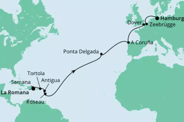 Von der Dominikanischen Republik nach Hamburg 2 mit AIDAdiva Route: La Romana - Samana - Roadtown - Antigua - Roseau - 5 Seetage - Ponta Delgada - 2 Seetage - A Coruna - Seetag - Dover - Zeebrügge - Seetag - Hamburg
