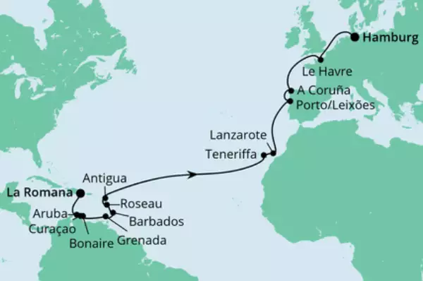 Von der Dominikanischen Republik nach Hamburg 3 mit AIDAperla Route: La Romana - Seetag - Aruba - Curacao - Bonaire - Seetag - Grenada - Barbados - Roseau - Antigua - 6 Seetage - Teneriffa - Lanzarote - 2 Seetage - Porto/Leixoes - A Coruna - Seetag - Le Havre - Seetag - Hamburg