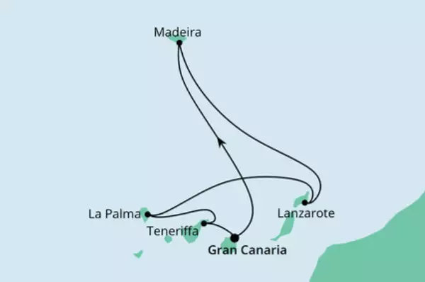 Kanaren & Madeira mit La Palma mit AIDAmar Route: Gran Canaria - Seetag - Madeira - Madeira - Lanzarote - La Palma - Teneriffa - Gran Canaria