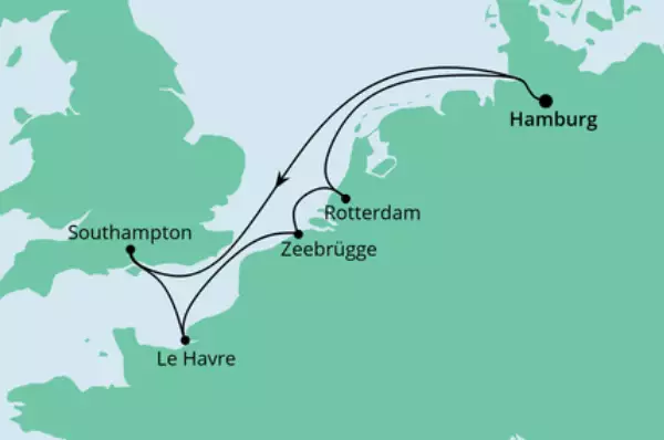 Metropolen ab Hamburg mit AIDAprima Route: Hamburg - Seetag - Southampton - Le Havre - Zeebrügge - Rotterdam - Rotterdam - Hamburg