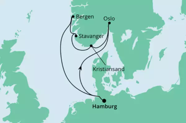 Norwegen ab Hamburg mit AIDAprima Route: Hamburg - Seetag - Oslo - Kristiansand - Stavanger - Bergen - Seetag - Hamburg