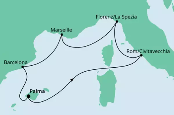 Perlen am Mittelmeer ab Mallorca mit AIDAstella Route: Mallorca - Seetag - Civitavecchia - La Spezia - Marseille - Marseille - Barcelona - Mallorca