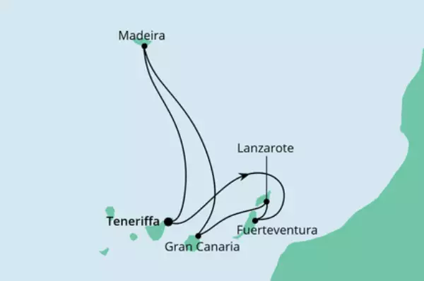 Kanaren & Madeira ab Teneriffa mit AIDAnova Route: Teneriffa - Fuerteventura - Lanzarote - Gran Canaria - Seetag - Madeira - Seetag - Teneriffa
