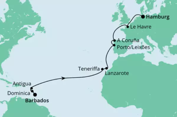 Von Barbados nach Hamburg mit AIDAperla Route: Barbados - Roseau - Antigua - 6 Seetage - Teneriffa - Lanzarote - 2 Seetage - Porto/Leixoes - A Coruna - Seetag - Le Havre - Seetag - Hamburg