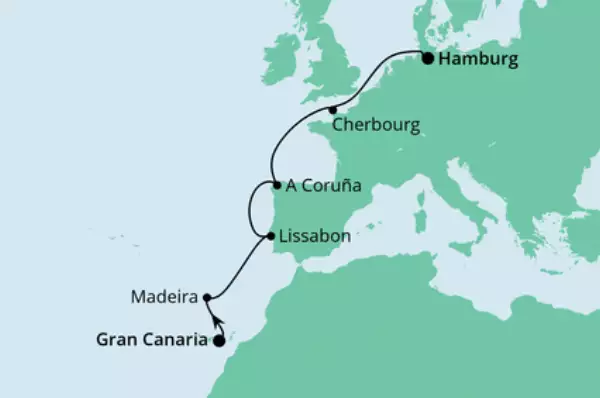 Von Gran Canaria nach Hamburg mit AIDAnova Route: Gran Canaria - Madeira - Madeira - Seetag - Lissabon - Seetag - A Coruna - Seetag - Cherbourg - Seetag - Hamburg