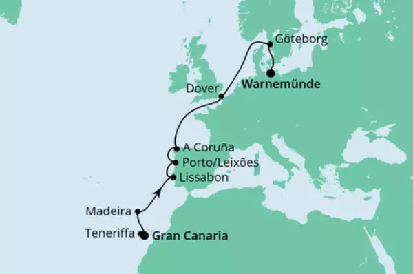 Von Gran Canaria nach Warnemünde mit AIDAmar Route: Gran Canaria - Gran Canaria - Teneriffa - Madeira - Seetag - Lissabon - Porto/Leixoes - A Coruna - Seetag - Dover - Seetag - Göteborg - Warnemünde