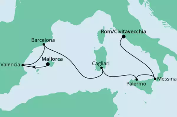 Von Mallorca nach Rom mit AIDAblu Route: Mallorca - Valencia - Barcelona - Seetag - Cagliari - Palermo - Messina - Seetag - Civitavecchia