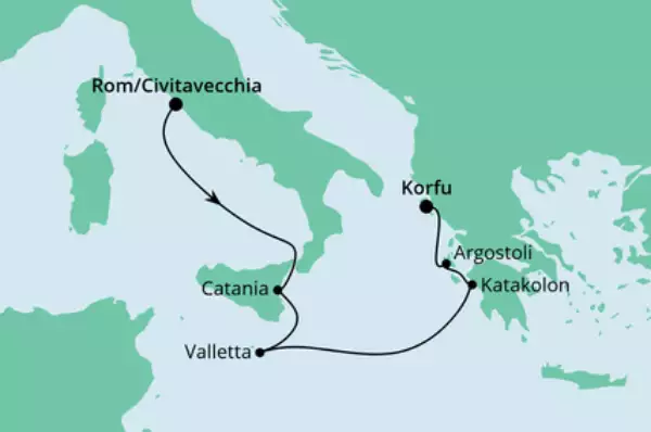 Von Rom nach Korfu 2 mit AIDAblu Route: Civitavecchia - Seetag - Catania - Valletta - Seetag - Katakolon - Argostoli - Korfu