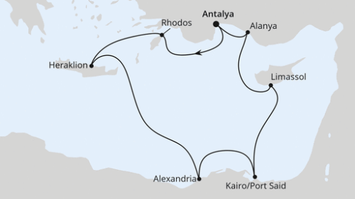 Antalya - Rhodos Stadt - Heraklion/Kreta - Alexandria - Kairo/Port Said - Limassol - Limassol - Alanya - Antalya