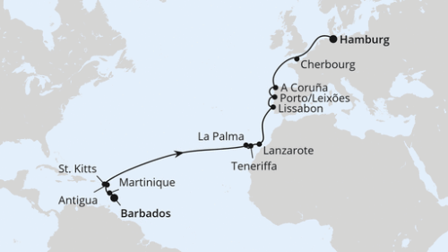 Bridgetown/Barbados - Fort De France - St.Johns - Basseterre - Santa Cruz/La Palma - Santa Cruz De Tenerife - Arrecife/Lanzarote - Lissabon - Porto/Leixoes - La Coruna - Cherbourg - Hamburg