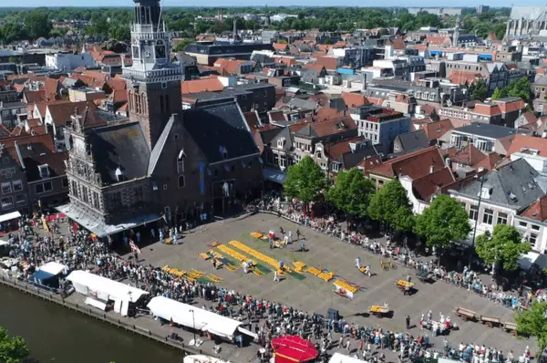 Käsemarkt in Gouda Luftbild des Käsemarks von Gouda. In der Mitte liegen Käselaiber auf dem Boden und werden von Bauern an die Händler verkauft. Rechts sind die Pferdefuhrwerke zu sehen, links das Gebäude der "Goudse Waag". Ringsum beobachten Touristen das Spektakel.