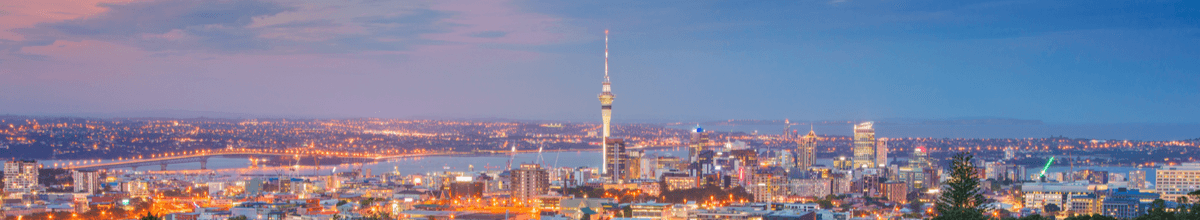 Skyline von der größten Stadt Neuseelands, Auckland im Sonnenuntergang mit vielen Lichtern