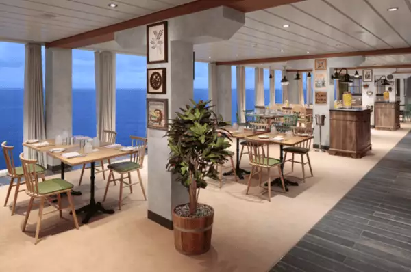 Restaurant The Mason Jar auf der Wonder of the Seas mit großen Panoramafenstern und hellen Holzmöbeln.