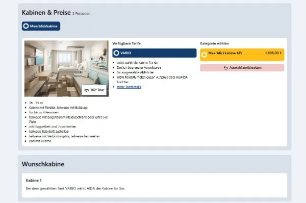 So buchen Sie Ihre Last Minute Kreuzfahrt mit AIDA Ausschnitt aus der Ahoi-Schiff-Buchungsmaske für eine AIDA Last Minute Kreuzfahrt mit einer Übersicht der verfügbaren Kabinen und Preise.