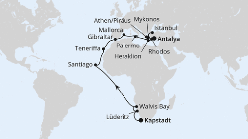 Kapstadt - Kapstadt - Lüderitz - Walvis Bay - Äquatorüberquerung - Santiago/Praia (Kapverden) - Santa Cruz De Tenerife - Gibraltar - Palma - Sizilien/Palermo - Heraklion/Kreta - Mykonos - Istanbul - Istanbul - Athen/Piräus - Rhodos Stadt - Antalya